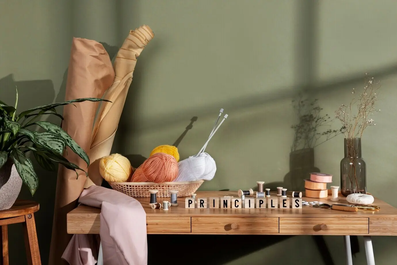 Häkelgarn-Auswahl auf einem Schreibtisch aus der Vogelperspektive.